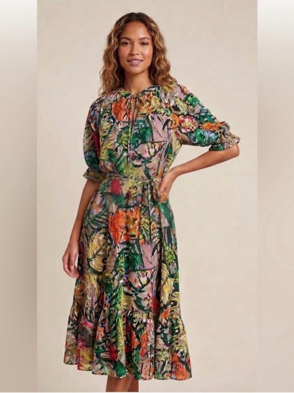 Vilagallo Multicolor Floral Print Tie Waist Midi Dress Women's Size 44
